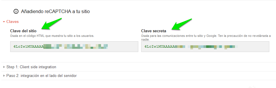 reCAPTCHA. Obtenemos la Clave del Sitio Web y la Clave Secreta.