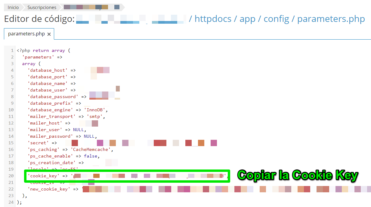 Cambiar contraseña PrestaShop Copiar Cookie Key